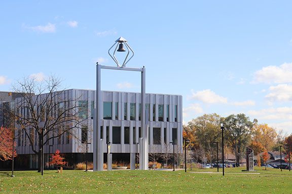 A view of the PNW Bell Tower and Nils K. Nelson Bioscience Innovation Building