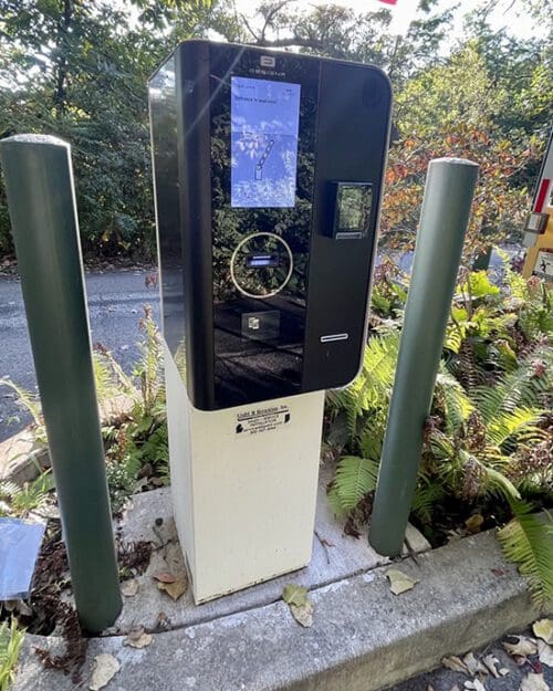 An automated kiosk at the entrance to Gabis Arboretum