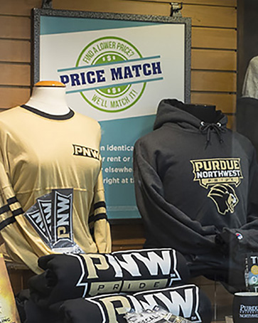 PNW long sleeve shirts are displayed at the Hammond Campus Bookstore