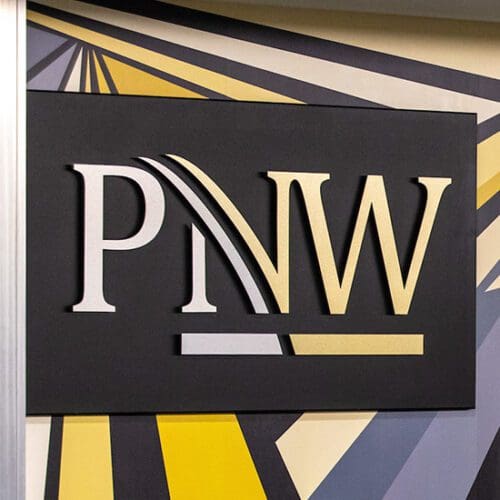 The PNW logo on campus signage.