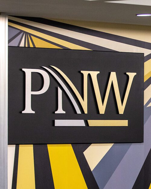 The PNW logo on campus signage.