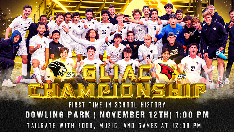 The 2023 PNW soccer team celebrating in a group shot after reaching the 2023 GLIAC final. Text: GLIAC Championshipo. First time in school history. Dowling Park | November 12th | 1: 00 p.m.. Tailgate with food, music and games at 12:00 p.m.
