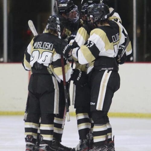 Several hockey players huddle on the ice