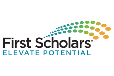 First Scholars logo. Text: First Scholars Elevate Potential with colored dots rising from the text in a wave.