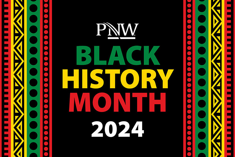 A white PNW logo on a black background. In large font underneath the words "BLACK HISTORY MONTH 2024" each take up one line. Each word is a different color, order: green, yellow, red, white. There is a red, yellow, and green traditional African-style border on the left and top of the graphic.