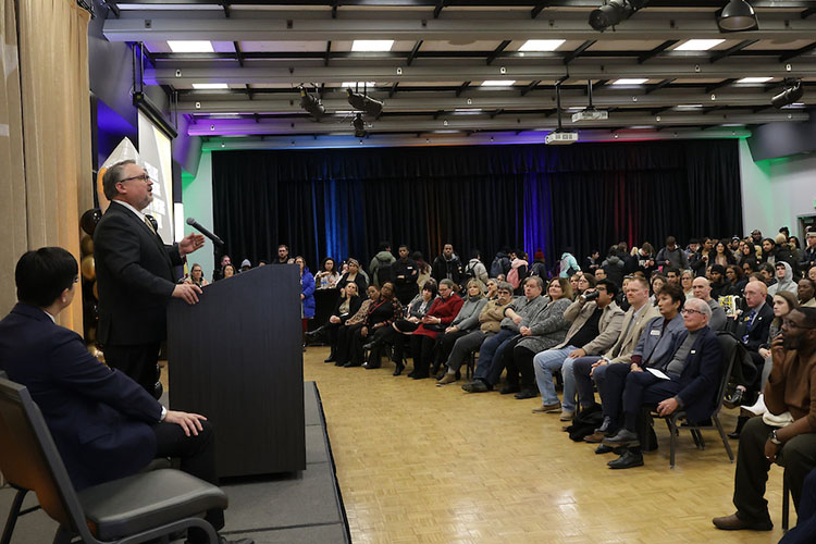 PNW Chancellor Chris Holford delivers formal remarks during the Excellence Evolving leadership celebration at PNW’s Hammond campus.