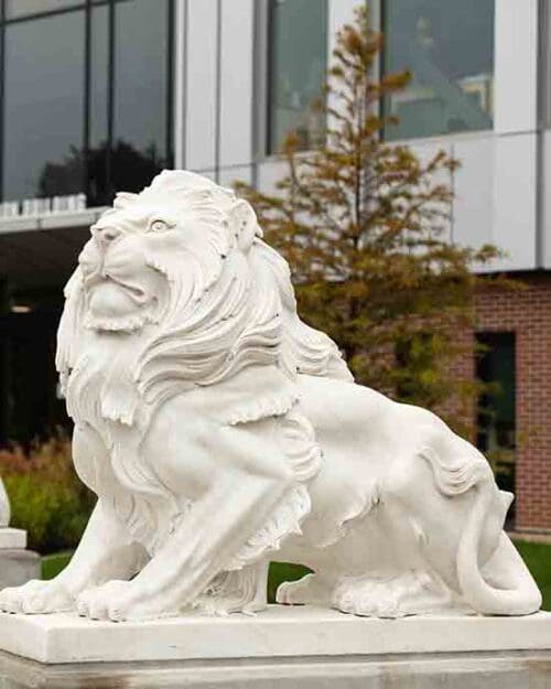 A white lion statue on the PNW Hammond Campus