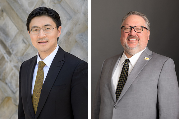 Side by side headshot photos of Purdue President Mung Chiang and PNW Chancellor Chris Holford.