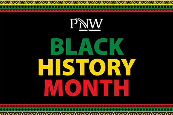A white PNW logo on a black background. In large font underneath the words "BLACK HISTORY MONTH" each take up one line. Each word is a different color, order: green, yellow, red, white. There is a red, yellow, and green traditional African-style border on the left and top of the graphic.