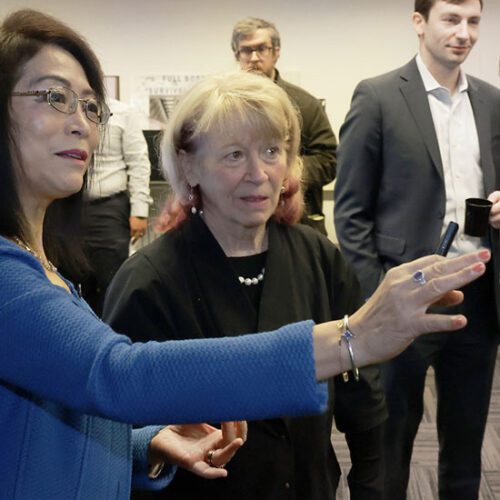 Chenn Zhou, NIPSCO Distinguished Professor of Engineering Simulation and founding director of CIVS, demonstrates simulation technology to Geri Richmond, U.S. Department of Energy Under Secretary for Science and Innovation.