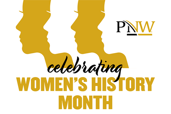Graphic: PNW Celebrating Women's History Month. The background contains four women's silhouettes in white and gold.