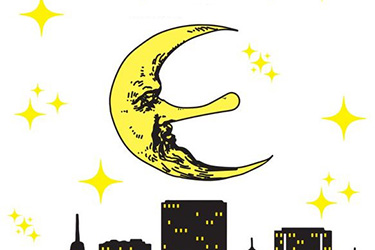 An illustration of a moon with a face over a city skyline.