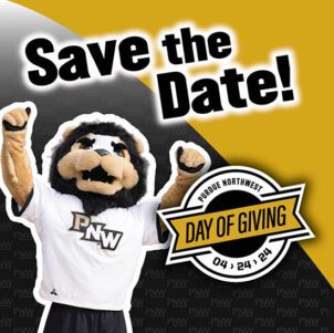 Graphic: PNW Day of Giving Save the Date. Leo the lion is cheering on the left side of the graphic.