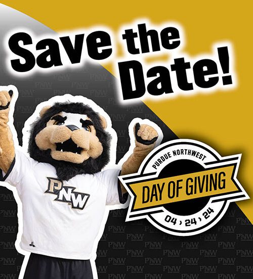 Graphic: PNW Day of Giving Save the Date. Leo the lion is cheering on the left side of the graphic.