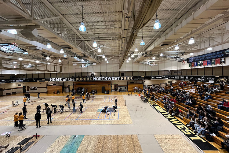 Civil Engineering students gather inside PNW's Fitness and Recreation Center.