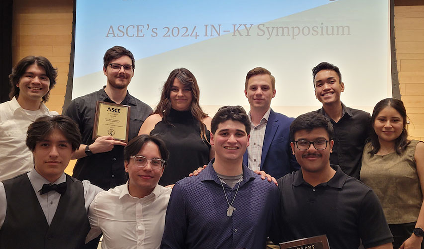 Members of PNW’s American Society of Civil Engineering student chapter pose for a group photo during the awards ceremony of the 2024 ASCE Indiana/Kentucky Student Symposium.