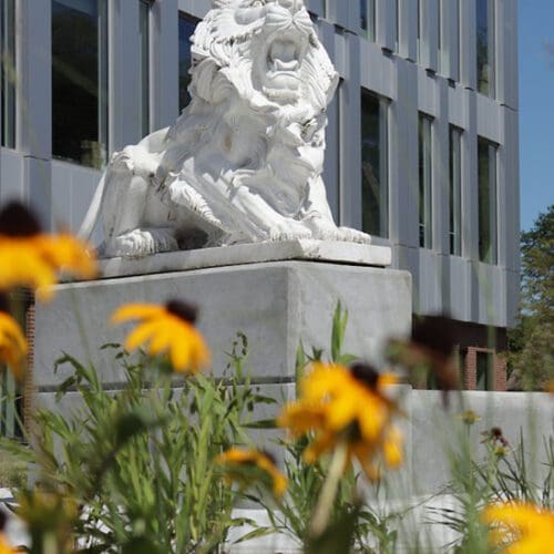 A PNW Lion statue on the Hammond campus. There are yellow flowers along the bottom of the image.