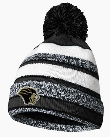 The PNW athletics lion's head logo on a black, great and white striped winter hat.