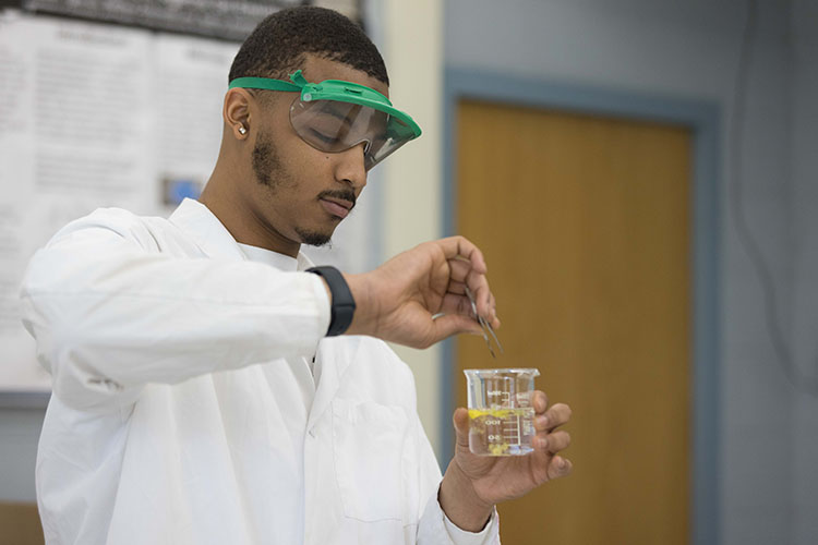 A student drops an item into a beaker of liquid