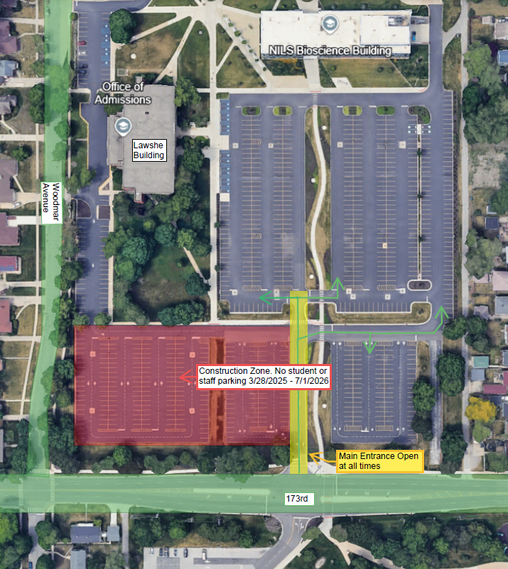 An arial view of the northeast corner of Woodmar Ave and 173rd St. The parking lot on that corner is highlighted as being "Closed" while the main campus entrance on 173rd street is "Open"