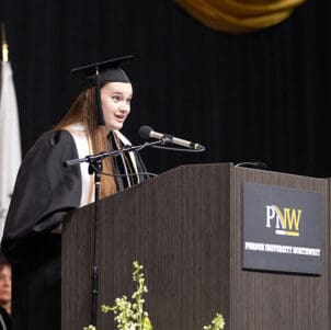 Chloe Belford speaks at PNW commencement