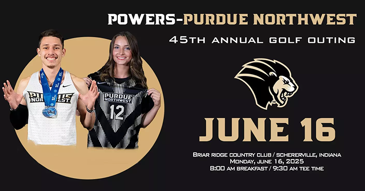 Promotional flyer for the Powers–Purdue Northwest 45th Annual Golf Outing. The image features two Purdue Northwest athletes. On the left is an athlete in a white Purdue Northwest jersey. On the right is another athlete holding a black and gold Purdue Northwest jersey with the number 12. Between them is a gold circle as a background design element. To the right is the Purdue Northwest lion logo and event details in bold fonts.