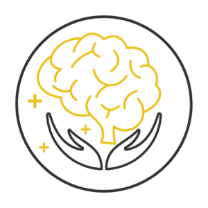 Decorative image of a brain in a circle being held by hands