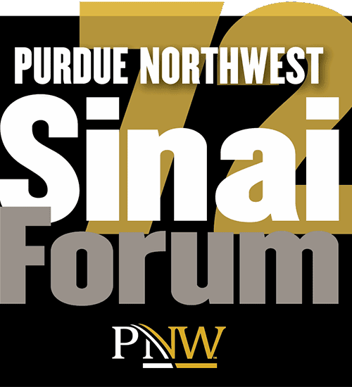 Logo: Purdue Northwest Sinai Forum (PNW) with 72 at top right corner.