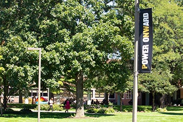 A Power Onward banner on the quad at Purdue University Northwest