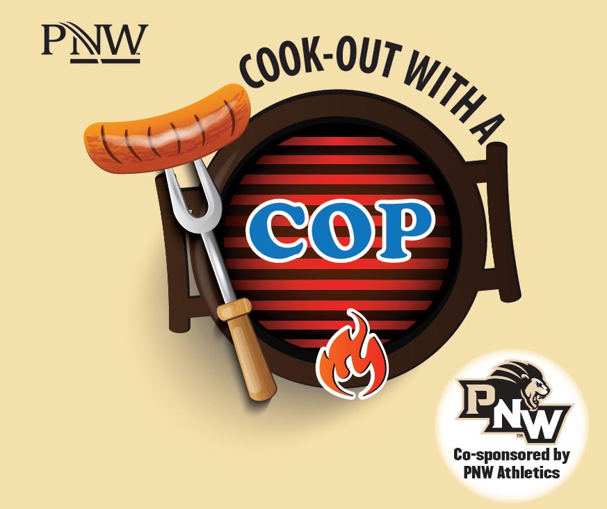 Illustration of a grill and a sausage on a fork with the text, "PNW Cook-Out with a Cop. Co-Sponsored by PNW Athletics"