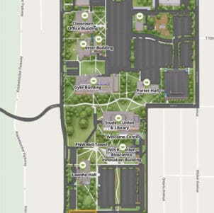 Screenshot of an illustrated map of PNW's Hammond Campus. Visible landmarks include Porter Hall, the Student Union and Library Building and Lawshe Hall.