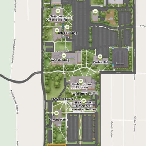 Screenshot of an illustrated map of PNW's Hammond Campus. Visible landmarks include Porter Hall, the Student Union and Library Building and Lawshe Hall.