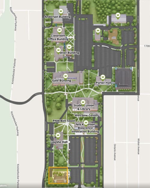 Screenshot of an illustrated map of PNW's Hammond Campus. Visible landmarks include Porter Hall, the Student Union and Library Building and Lawshe Hall.
