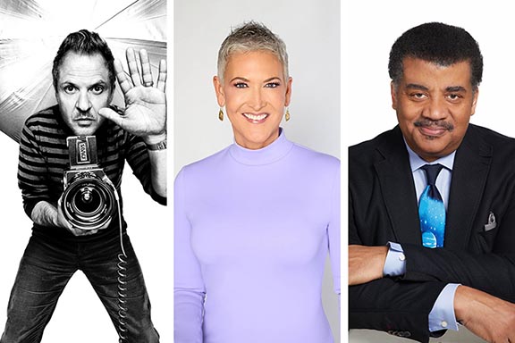 A composite photo showing portraits of Sinai Forum speakers Platon, Jennifer Griffin and Neil deGrasse Tyson