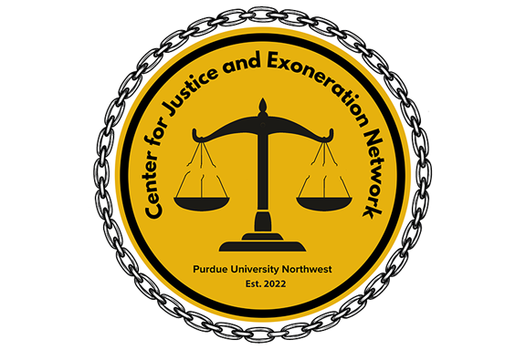 Logo: Center for Justice and Exoneration Network at Purdue University Northwest. Est. 2022. With illustration of a balanced pair of scales surrounded by a circled chain.