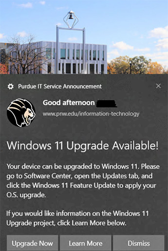 Screen of Purdue IT notification saying "Windows 11 Upgrade Available"