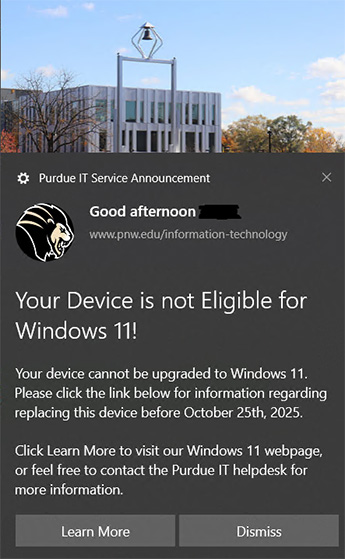 Screen of Purdue IT notification saying "Your Device Is Not Eligible for Windows 11"