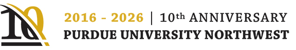The number 10 with a black and gold slash in the middle. Text: 2016-2026 | 10th Anniversary Purdue University Northwest
