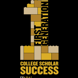 First generation college success logo. The number one is built out of white and gold legos and has the word "First Generation" written inside of it.