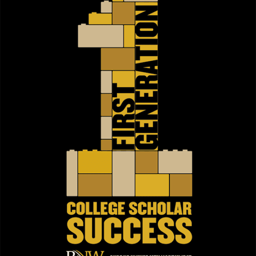 First generation college success logo. The number one is built out of white and gold legos and has the word "First Generation" written inside of it.