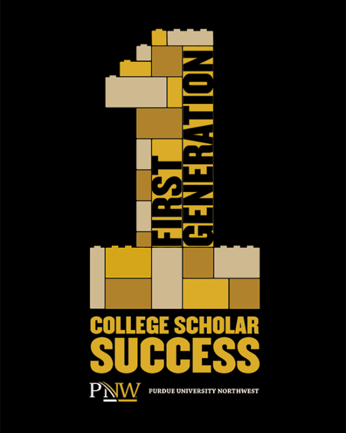 First generation college success logo. The number one is built out of white and gold legos and has the word "First Generation" written inside of it.