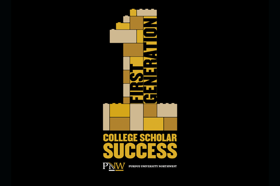First generation college success logo. The number one is built out of white and gold legos and has the word "First Generation" written inside of it.