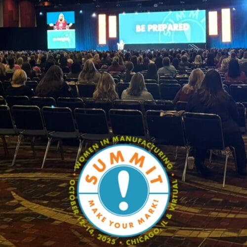 A conference room filled with people. The Women in Manufacturing Summit logo is at the bottom of the image.