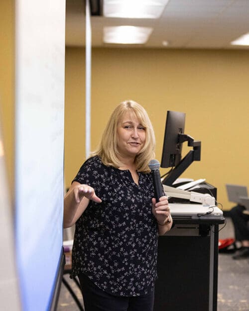 PNW faculty member Angela Schooley teaches a class.