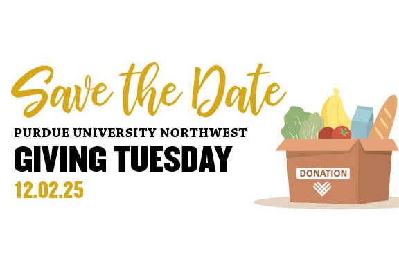 Graphic: "Save the Date Purdue University Northwest Giving Tuesday - 12.02.25" Next to the text is a cardboard box labeled "Donations" that has food items in it.