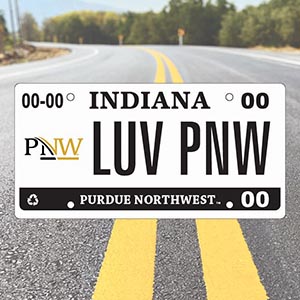A license plate with the PNW Logo on it. The plate numbers read "LUV PNW," and it is superimposed on a road-and-sky background.