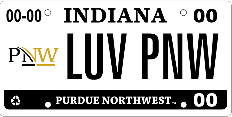 A license plate with the PNW Logo on it. The plate numbers read "LUV PNW".