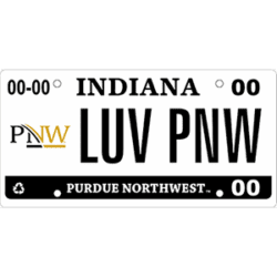A license plate with the PNW Logo on it. The plate numbers read "LUV PNW".