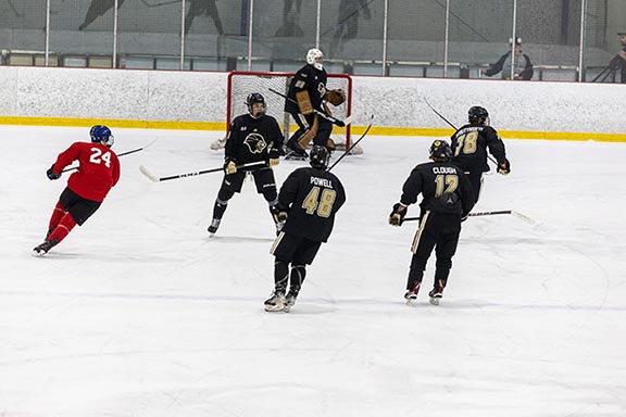 PNW ice hockey players skate toward their goal during a game.
