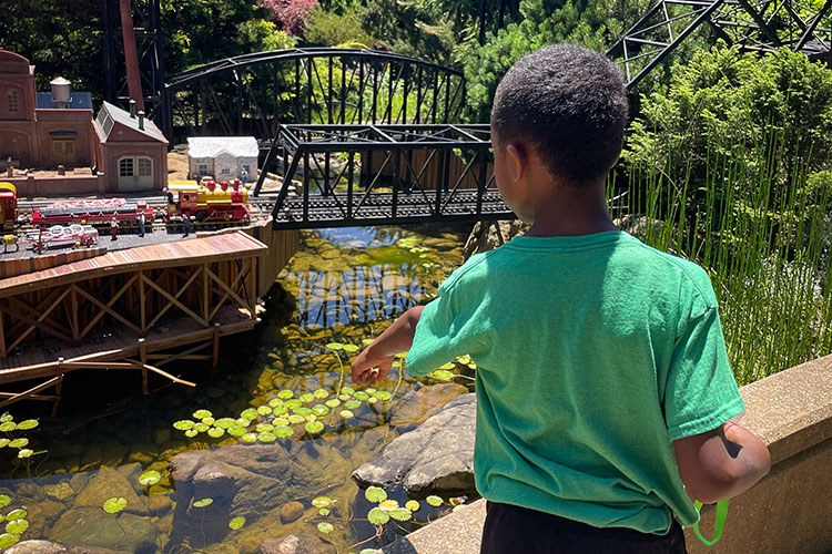 A child stands next to the pond in the Gabis Railway Garden.